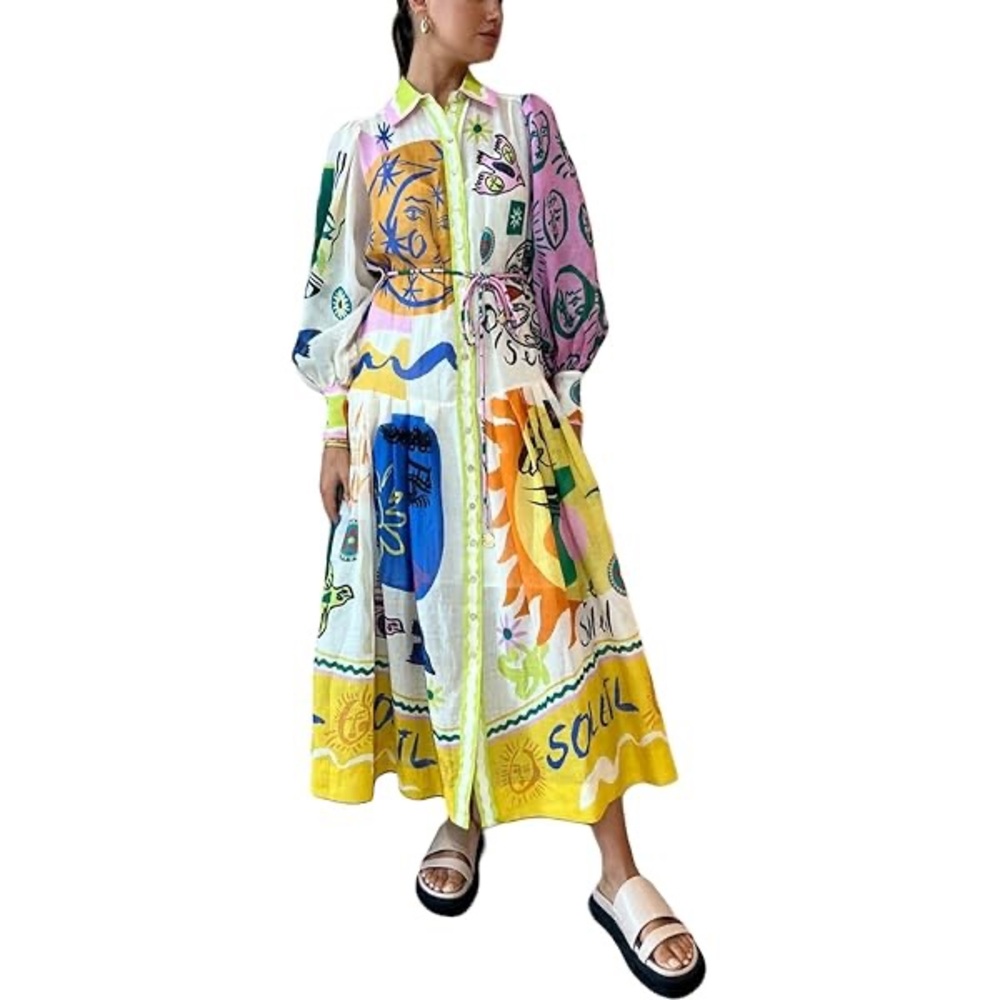 A line Graffiti / modern art print dress w/ belted waist button down long sleeve